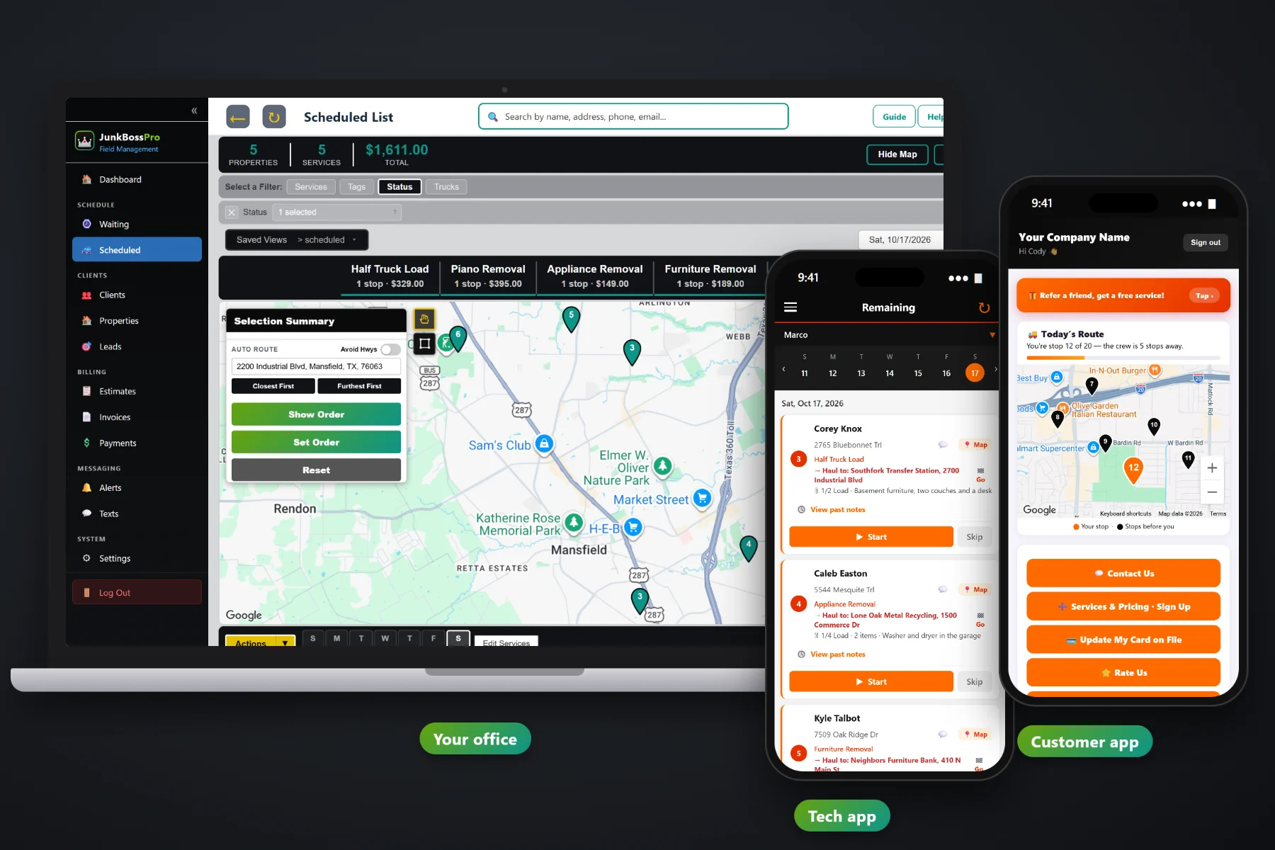 JunkBossPro showing a property manager account with apartment trash-outs on the schedule and each unit's address on the job card